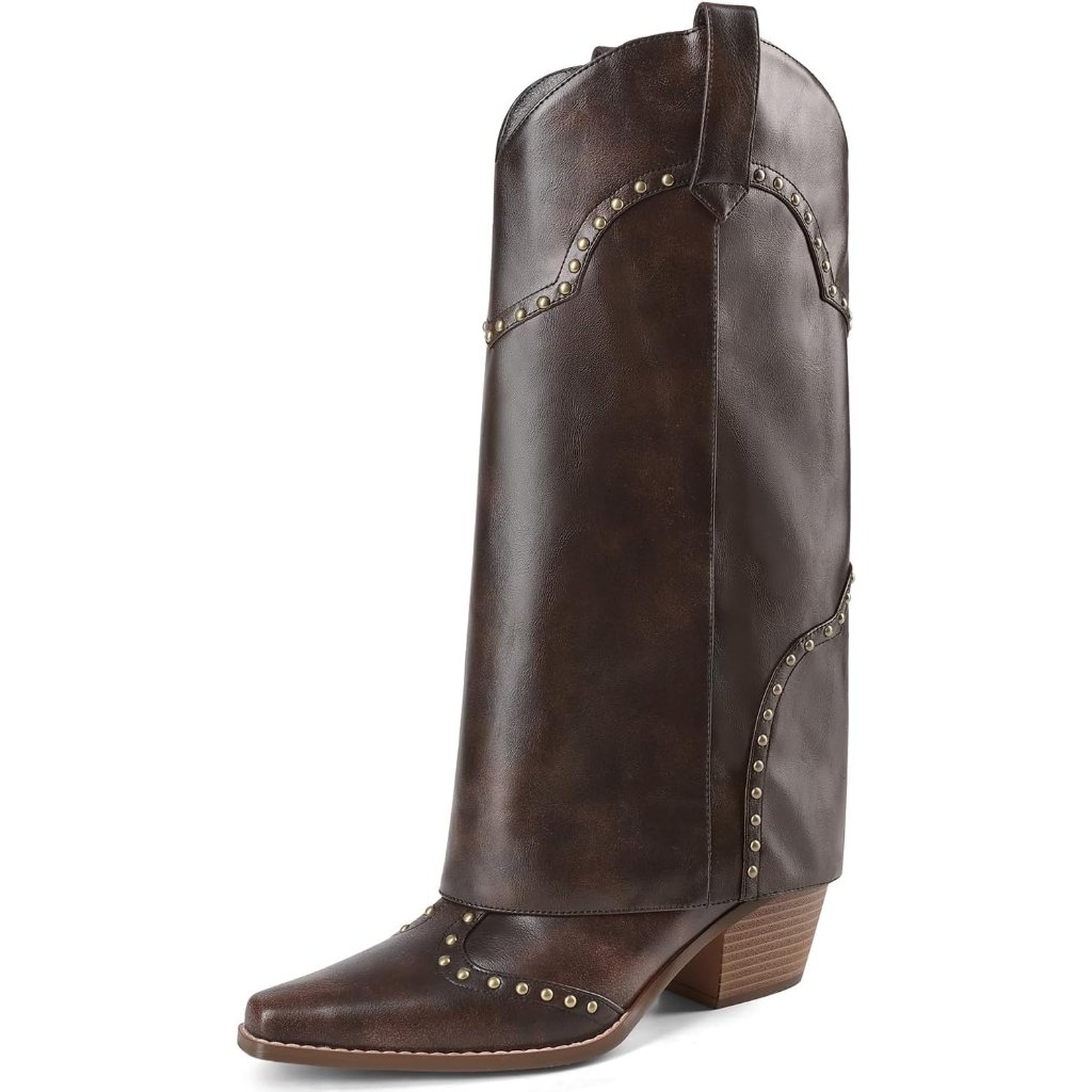 Women's Dark Brown Shark Boots Fold Over Mid Calf Chunky Heel Snip Toe Cowboy
